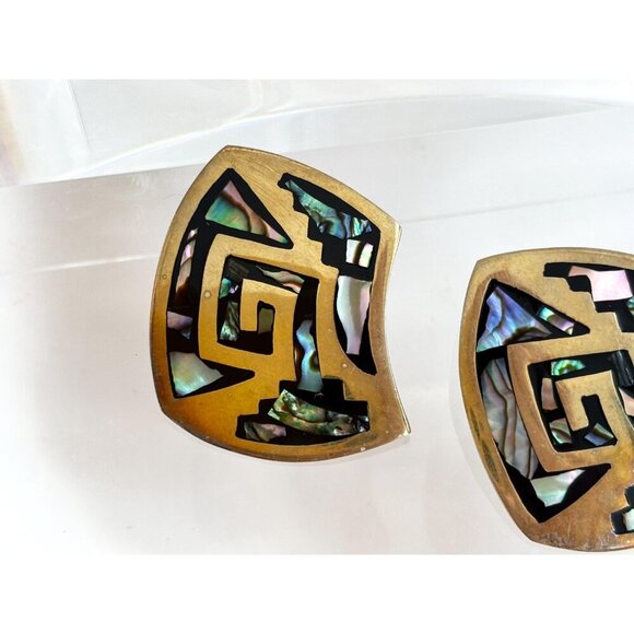 Modernist Sterling Silver Vermeil Taxco Mexican Abalone Vintage Clip On Earrings - Picture 5 of 10